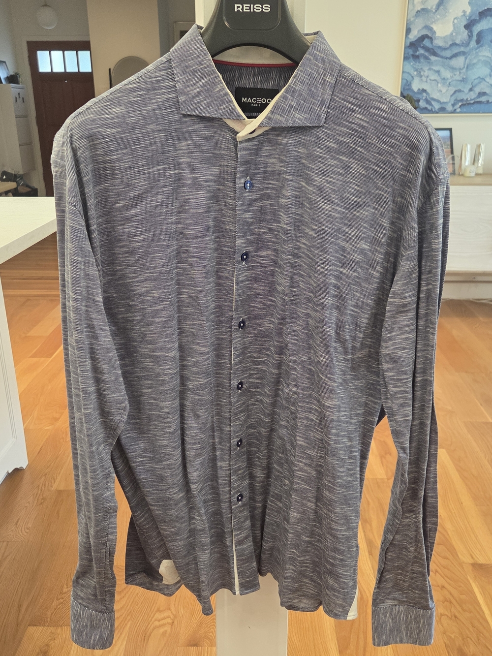 Maceoo Mens Slim Fit Heathered Navy Blue Long-Sleeve Button-Down Shirt (XXL)